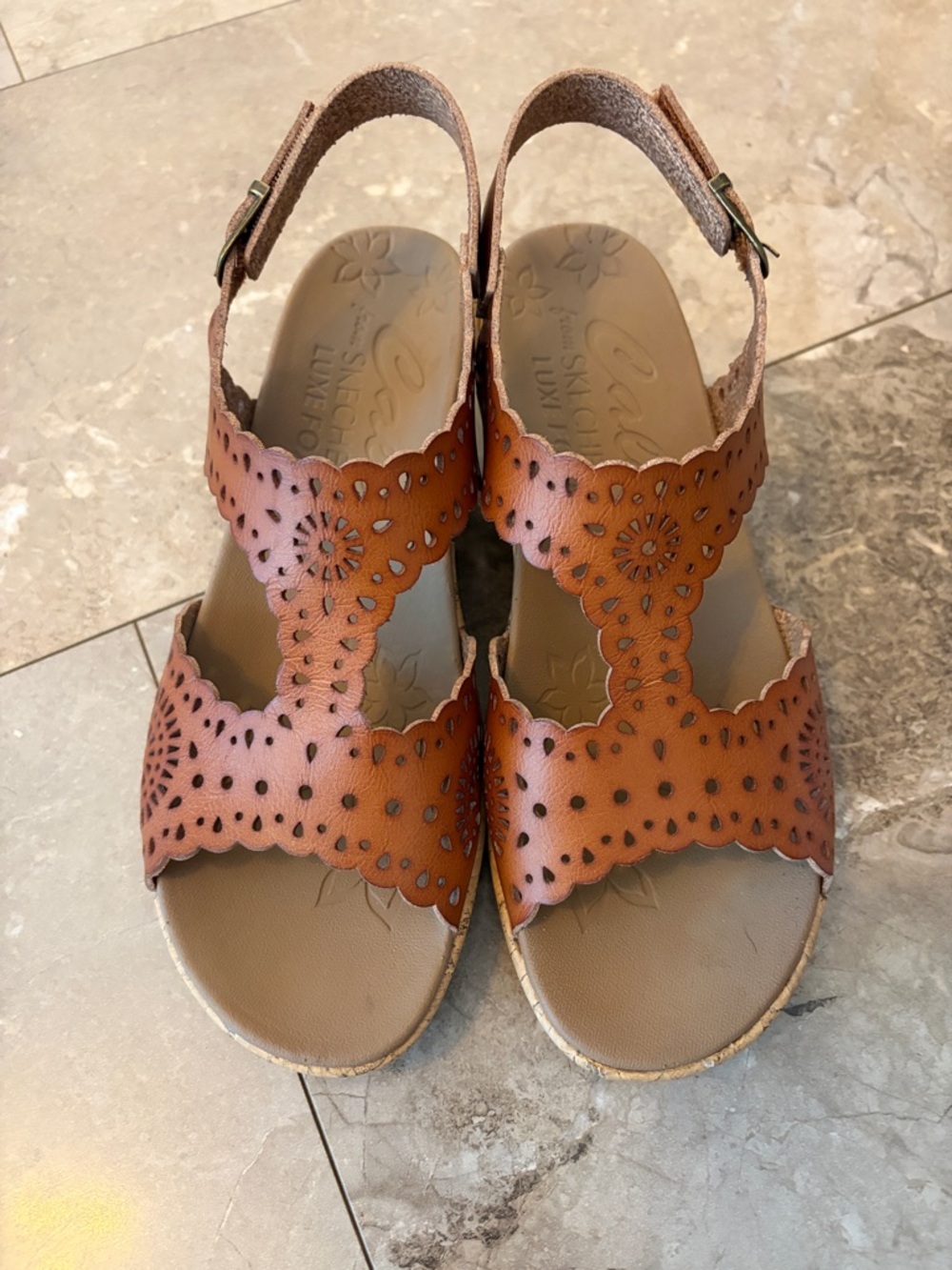 Skechers Women's Cognac Laser-Cut Slingback Sandals